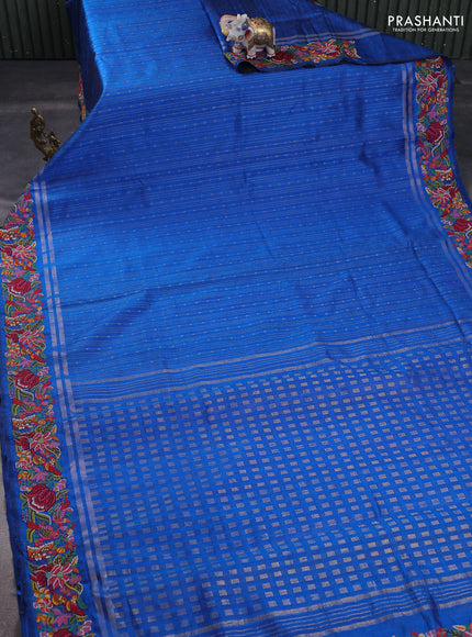 Pure dupion silk saree cs blue with allover zari weaves and floral embroidery border