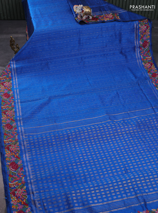 Pure dupion silk saree cs blue with allover zari weaves and floral embroidery border