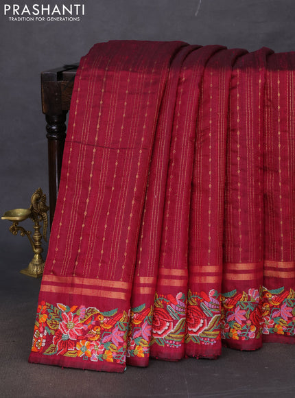 Pure dupion silk saree dark magenta pink with allover zari weaves and floral embroidery border