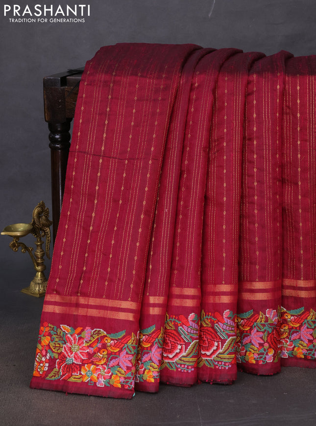 Pure dupion silk saree dark magenta pink with allover zari weaves and floral embroidery border
