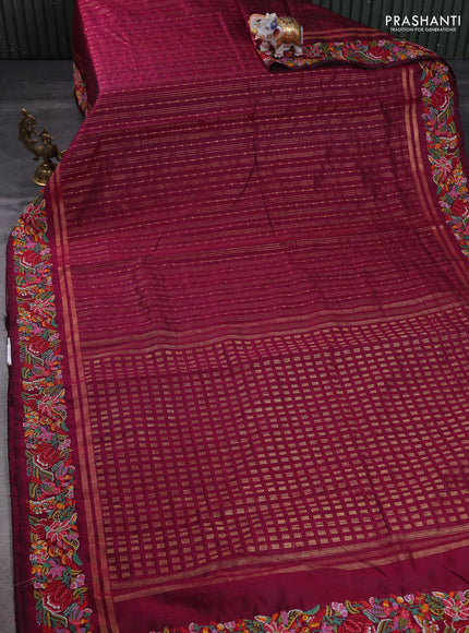 Pure dupion silk saree dark magenta pink with allover zari weaves and floral embroidery border