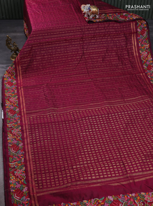Pure dupion silk saree dark magenta pink with allover zari weaves and floral embroidery border