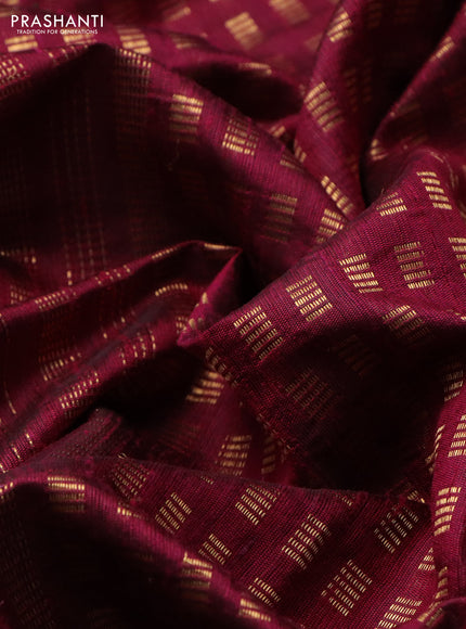 Pure dupion silk saree dark magenta pink with allover zari weaves and floral embroidery border