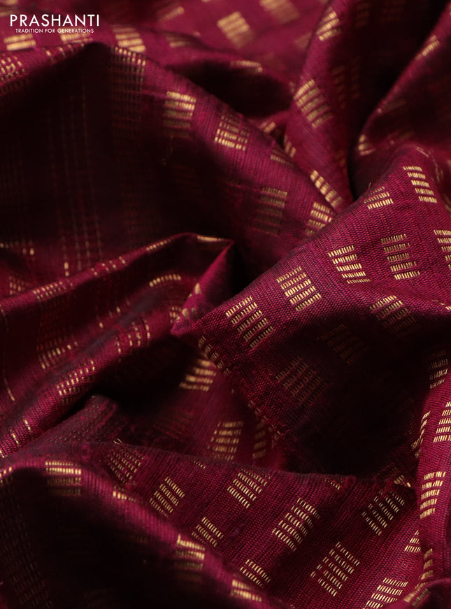 Pure dupion silk saree dark magenta pink with allover zari weaves and floral embroidery border