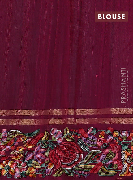 Pure dupion silk saree dark magenta pink with allover zari weaves and floral embroidery border