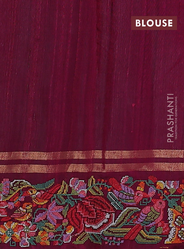 Pure dupion silk saree dark magenta pink with allover zari weaves and floral embroidery border
