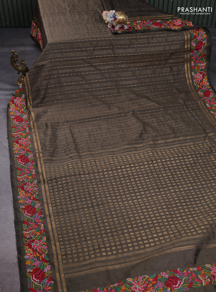 Pure dupion silk saree sap green with allover zari weaves and floral embroidery border