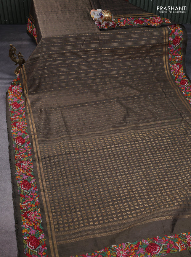 Pure dupion silk saree sap green with allover zari weaves and floral embroidery border