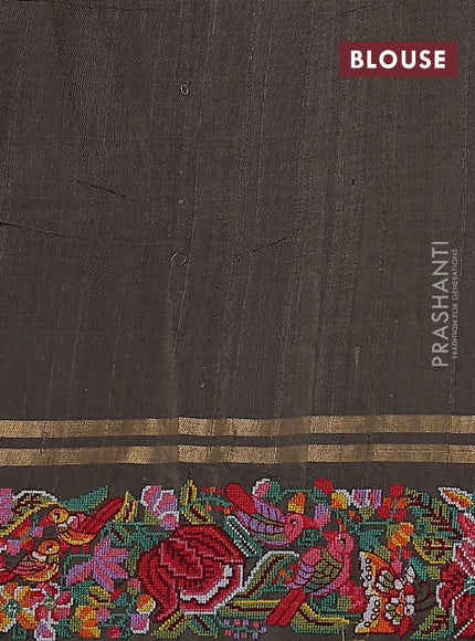 Pure dupion silk saree sap green with allover zari weaves and floral embroidery border