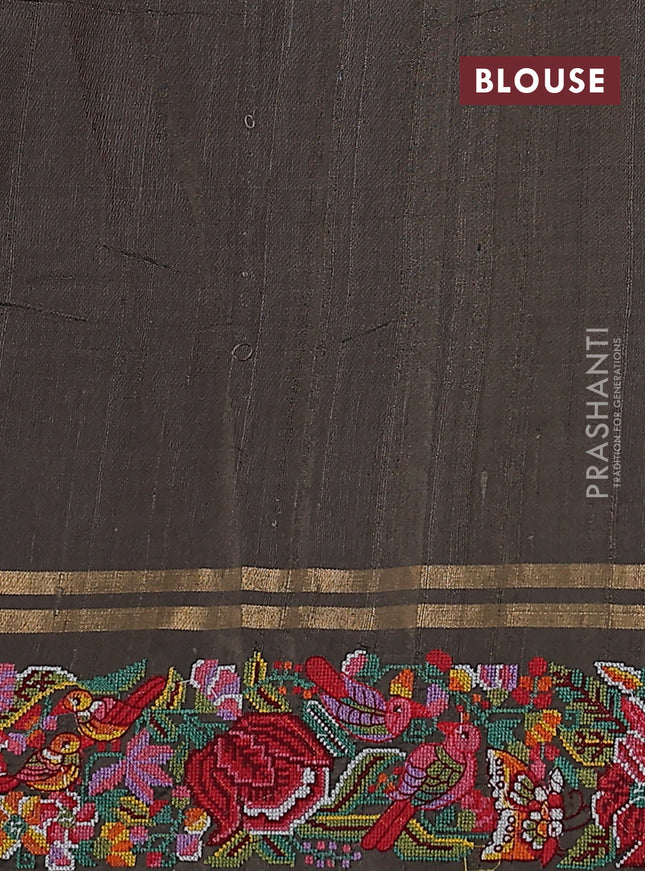 Pure dupion silk saree sap green with allover zari weaves and floral embroidery border