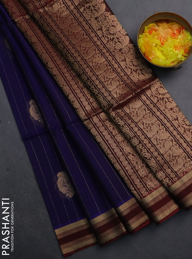 Kora silk cotton saree blue and maroon with allover zari stripes pattern and zari woven border