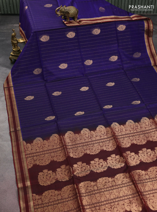 Kora silk cotton saree blue and maroon with allover zari stripes pattern and zari woven border