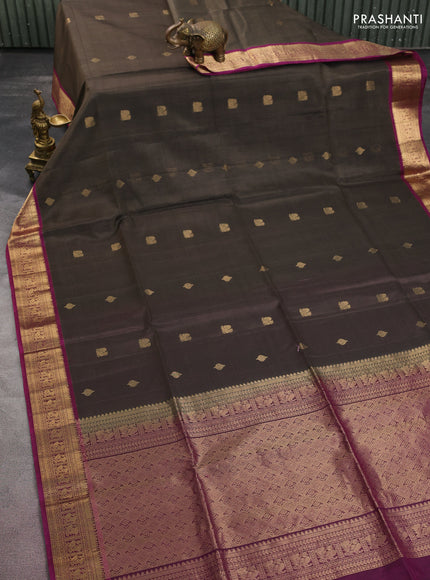 Kora silk cotton saree grey and purple with zari woven buttas and zari woven border