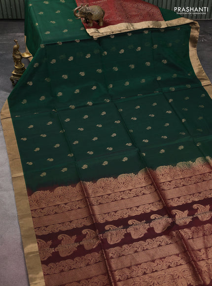 Kora silk partly cotton saree green and maroon with zari woven floral buttas and zari woven border