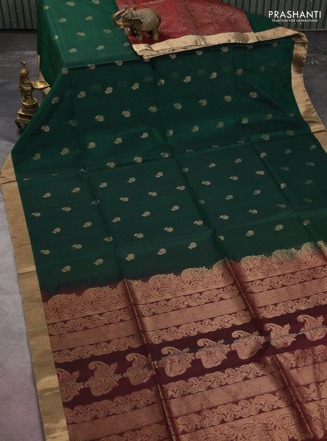 Kora silk partly cotton saree green and maroon with zari woven floral buttas and zari woven border