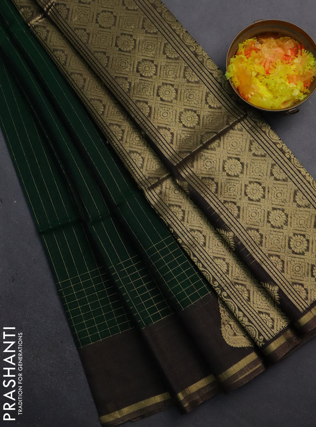 Kora silk cotton saree green and dark grey with allover zari stripes pattern and zari woven piping border