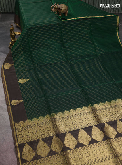 Kora silk cotton saree green and dark grey with allover zari stripes pattern and zari woven piping border
