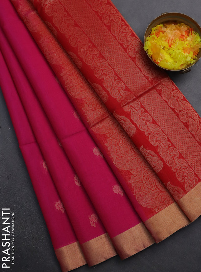 Kora silk cotton saree pink and red with zari woven floral buttas and zari woven border