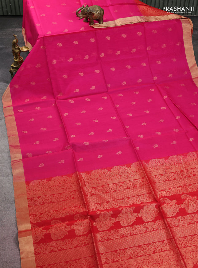 Kora silk cotton saree pink and red with zari woven floral buttas and zari woven border