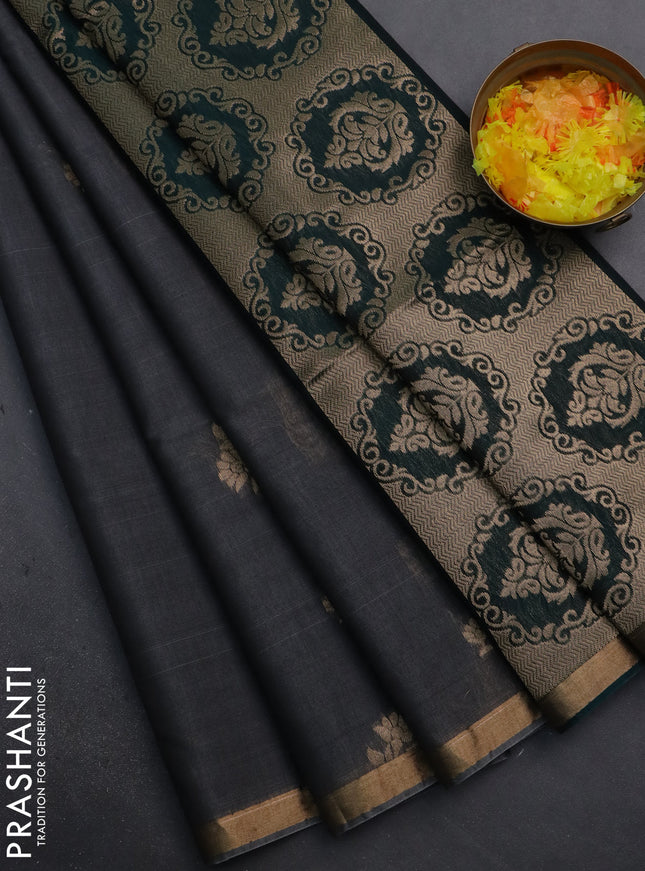 Kora silk cotton saree grey and peacock green with silver & gold zari woven buttas and zari woven border