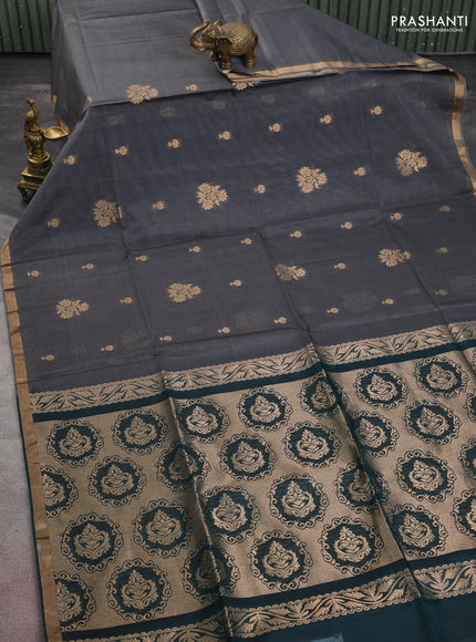 Kora silk cotton saree grey and peacock green with silver & gold zari woven buttas and zari woven border