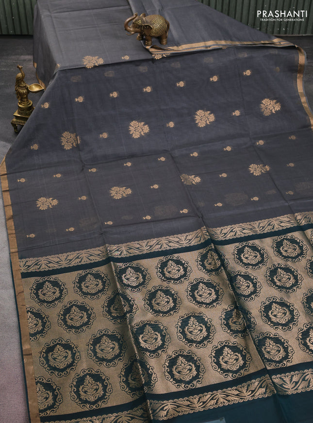 Kora silk cotton saree grey and peacock green with silver & gold zari woven buttas and zari woven border