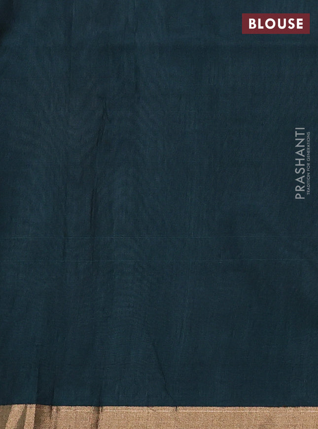 Kora silk cotton saree grey and peacock green with silver & gold zari woven buttas and zari woven border