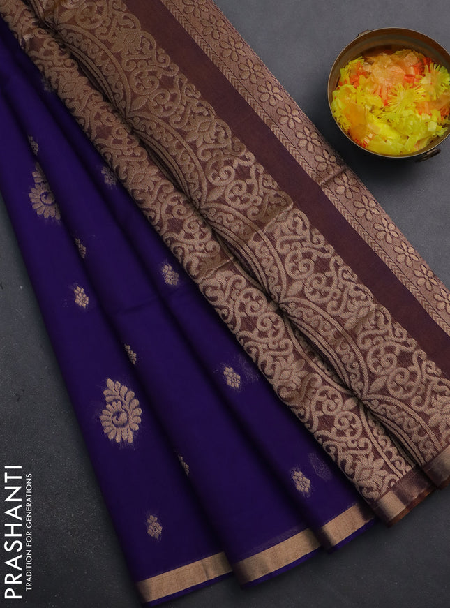 Kora silk cotton saree violet and dual shade of mustard with silver & gold zari woven buttas and zari woven border