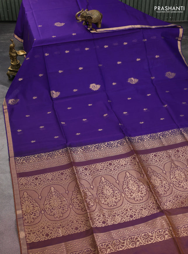 Kora silk cotton saree violet and dual shade of mustard with silver & gold zari woven buttas and zari woven border