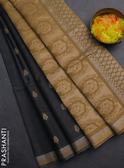 Kora silk cotton saree grey and dark sandal with silver & gold zari woven buttas and zari woven border