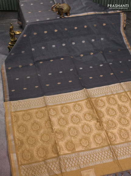 Kora silk cotton saree grey and dark sandal with silver & gold zari woven buttas and zari woven border