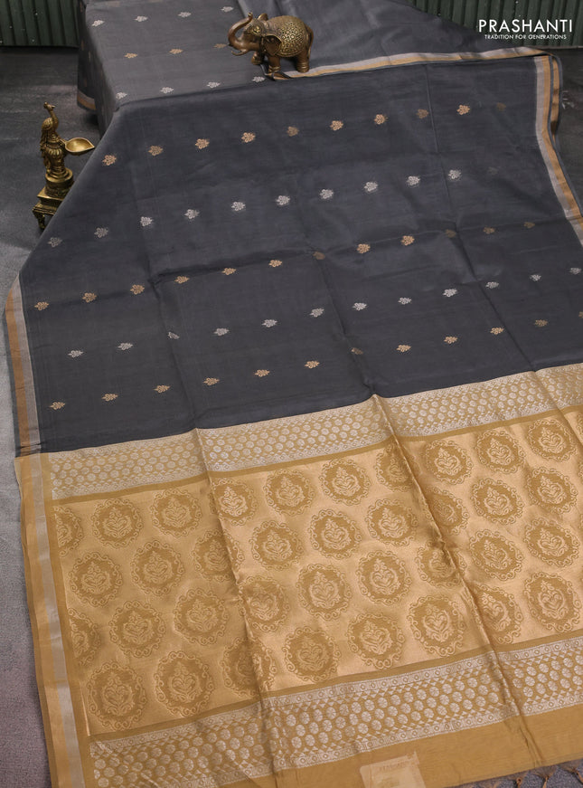 Kora silk cotton saree grey and dark sandal with silver & gold zari woven buttas and zari woven border