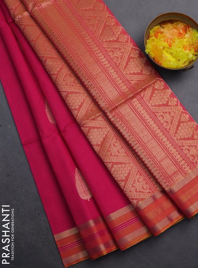 Kora silk cotton saree pink with silver & gold zari woven buttas and zari woven border