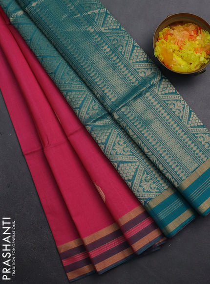 Kora silk cotton saree pink and teal blue with silver & gold zari woven buttas and zari woven border