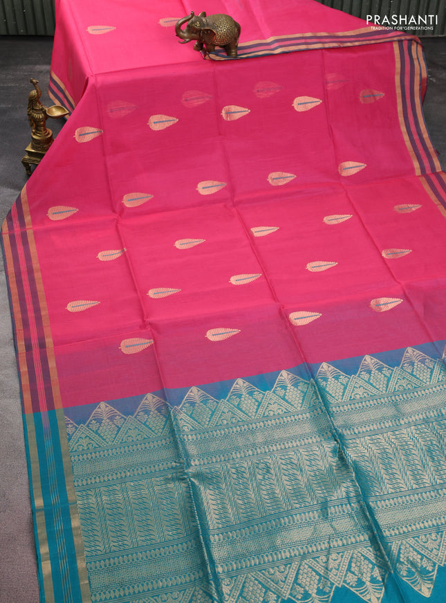 Kora silk cotton saree pink and teal blue with silver & gold zari woven buttas and zari woven border