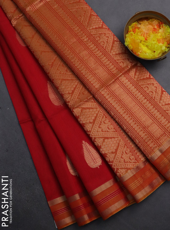 Kora silk cotton saree red and mustard shade with silver & gold zari woven buttas and zari woven border