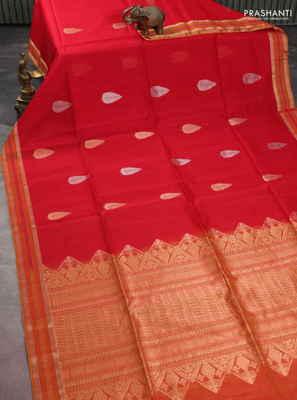 Kora silk cotton saree red and mustard shade with silver & gold zari woven buttas and zari woven border