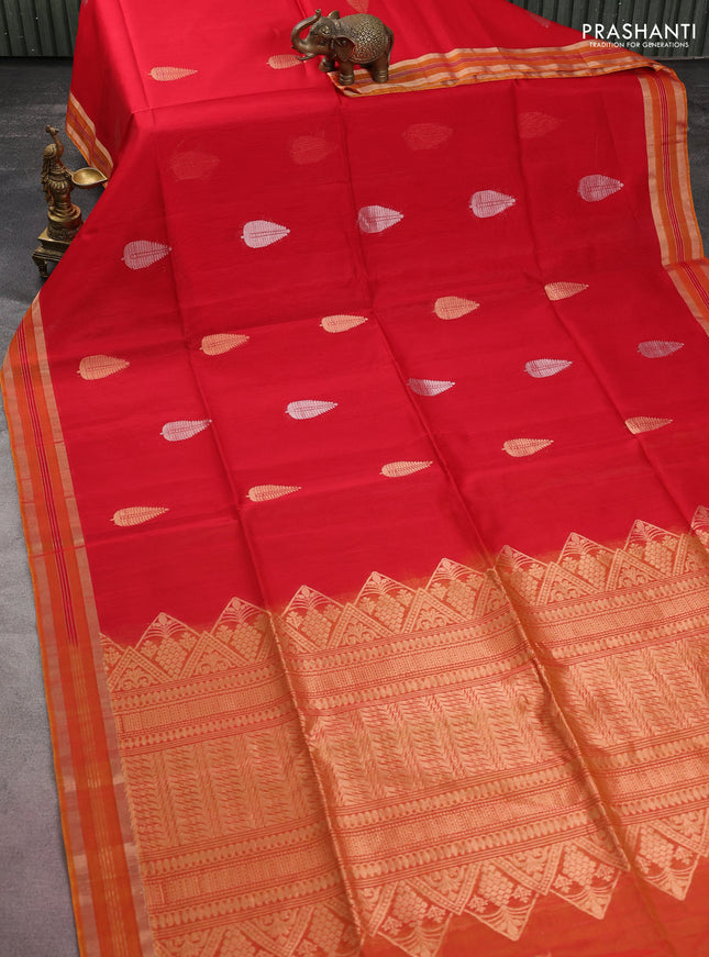 Kora silk cotton saree red and mustard shade with silver & gold zari woven buttas and zari woven border