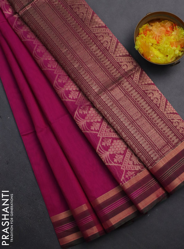 Kora silk cotton saree magenta pink with silver & gold zari woven buttas and zari woven border