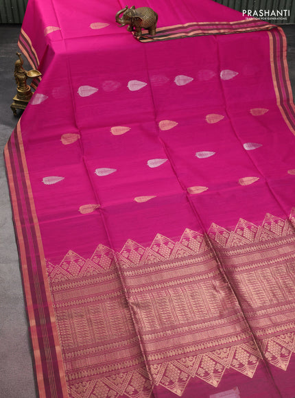 Kora silk cotton saree magenta pink with silver & gold zari woven buttas and zari woven border