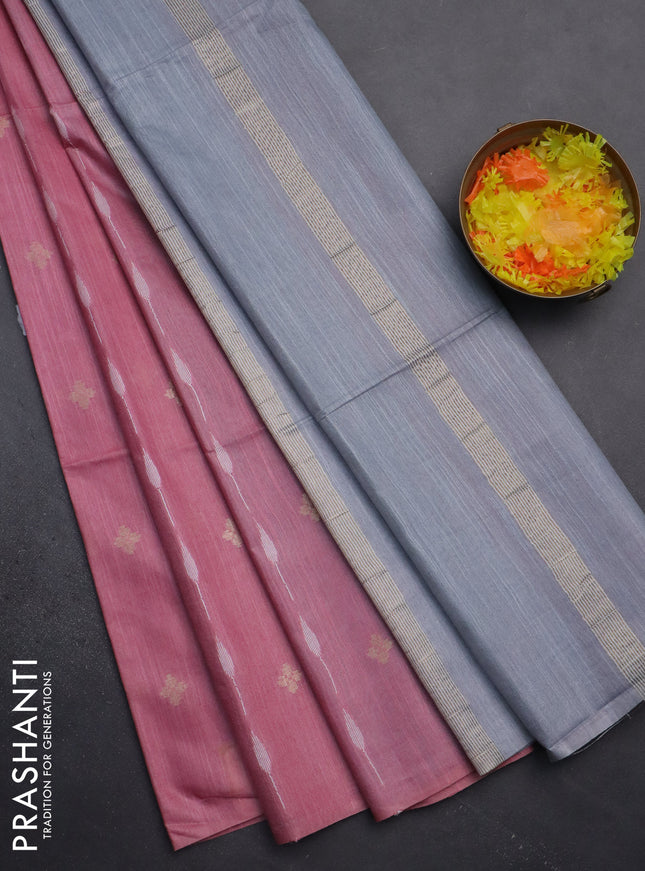 Semi bamboo saree pastel pink and grey with thread & zari woven buttas in borderless style