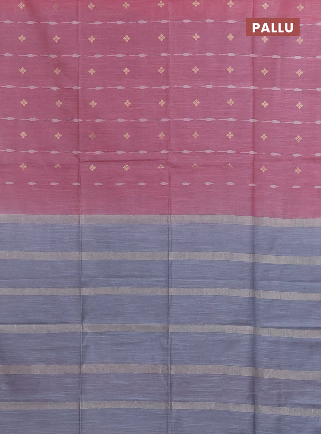 Semi bamboo saree pastel pink and grey with thread & zari woven buttas in borderless style
