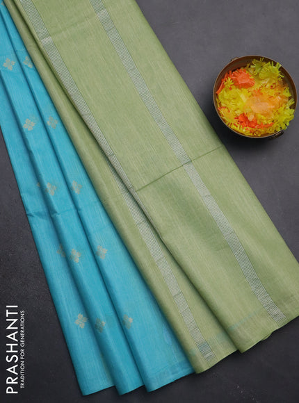Semi bamboo saree light blue and pastel green with thread & zari woven buttas in borderless style
