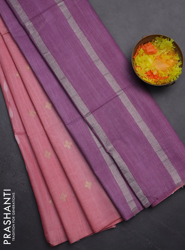 Semi bamboo saree peach pink and purple shade with thread & zari woven buttas in borderless style