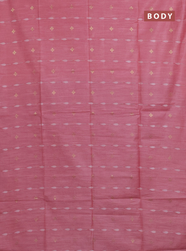 Semi bamboo saree peach pink and purple shade with thread & zari woven buttas in borderless style