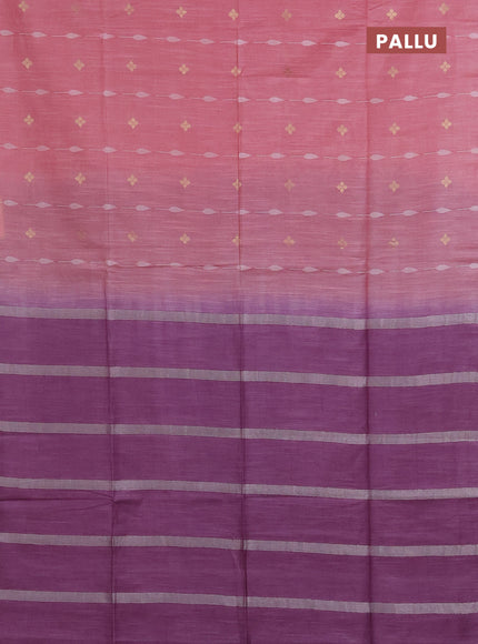 Semi bamboo saree peach pink and purple shade with thread & zari woven buttas in borderless style