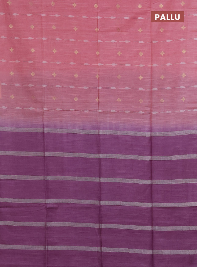 Semi bamboo saree peach pink and purple shade with thread & zari woven buttas in borderless style