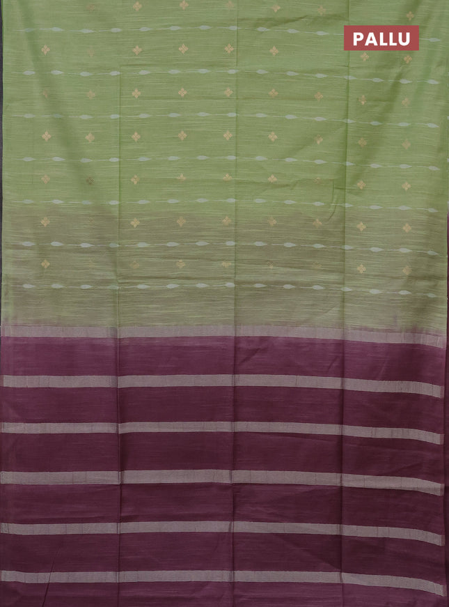 Semi bamboo saree light green and pastel maroon with thread & zari woven buttas in borderless style