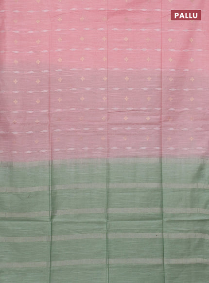 Semi bamboo saree peach shade and pastel green with thread & zari woven buttas in borderless style