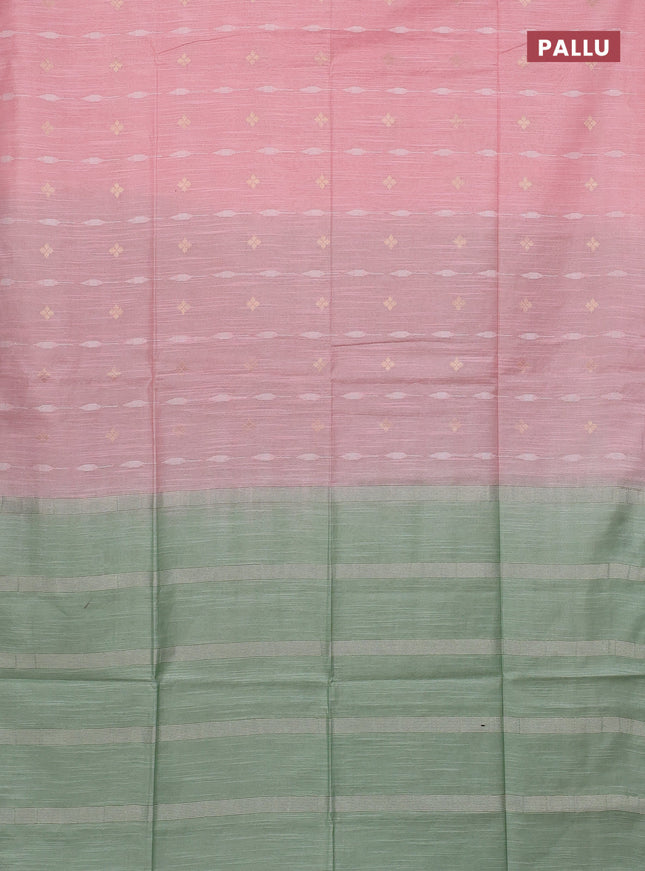 Semi bamboo saree peach shade and pastel green with thread & zari woven buttas in borderless style